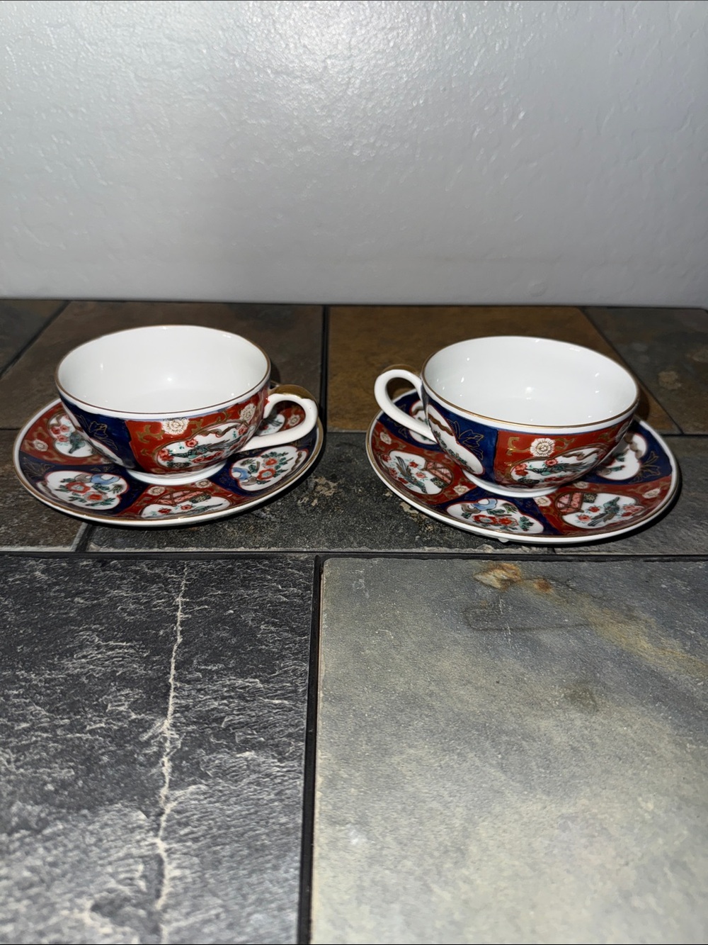 Goldimari Hand Painted Porcelain Teacup and Saucer Set of 2 Blue Red Gold Gilt